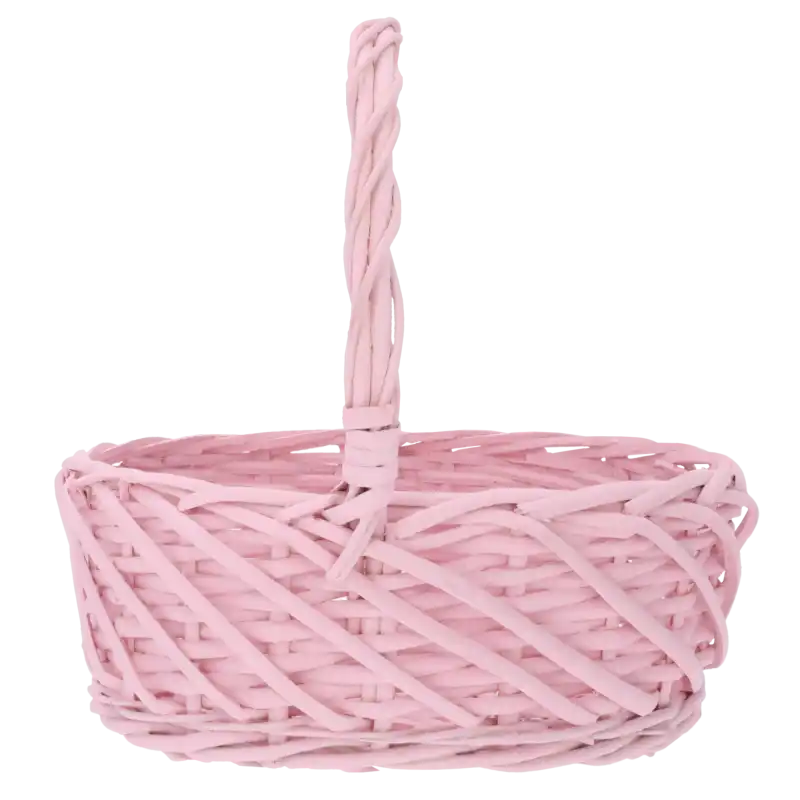 Owalny różowy kosz wiklinowy 25x20x25 cm z wysokim pałąkiem. Estetyczna i pojemna baza na wielkanocne koszyki na święconkę.