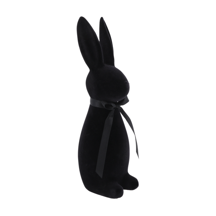 Flokowany zając czarny 30 cm welurowa dekoracja wielkanocna elegancki zając z kokardą nowoczesne ozdoby wielkanocne dekoracje świąteczne do salonu zające dekoracyjne premium modny zając wielkanocny ozdoby z weluru.