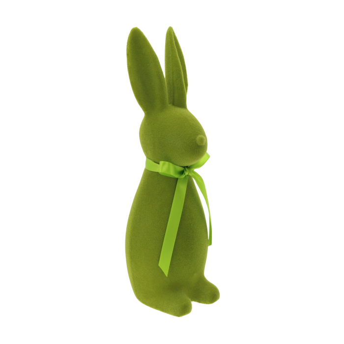 Flokowany zając zielony 30 cm welurowa dekoracja wielkanocna elegancki zając z kokardą nowoczesne ozdoby wielkanocne dekoracje świąteczne do salonu zające dekoracyjne premium modny zając wielkanocny ozdoby z weluru.