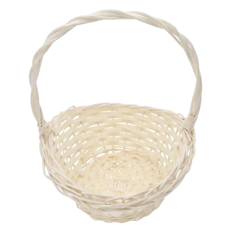 Okrągły koszyk wiklinowy w rozmiarze M o średnicy 30 cm. Prezentuje się estetycznie jako baza do prezentów.
