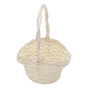Okrągły naturalny kosz wiklinowy o średnicy 20 cm w rozmiarze S. Klasyczny koszyk na święconkę z wysoką rączką, idealny do wiosennych kompozycji, prezentów oraz przechowywania drobiazgów w domu.
