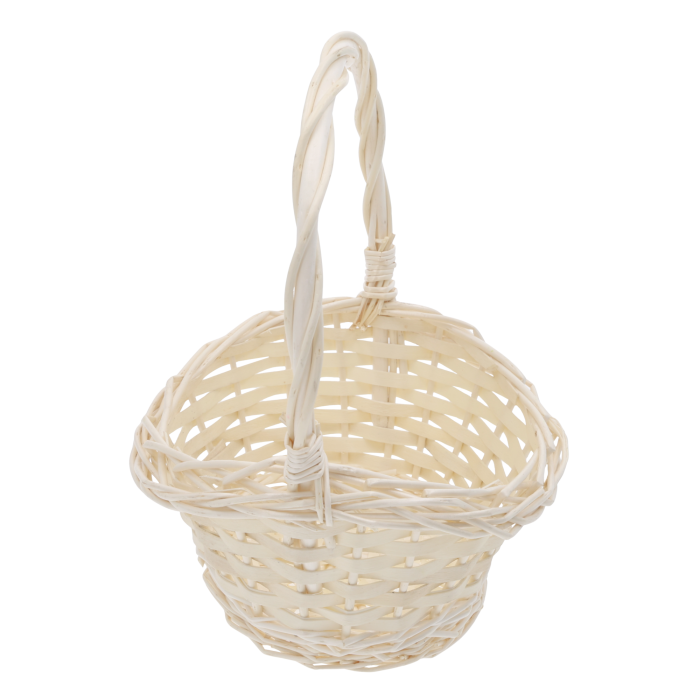 Okrągły naturalny kosz wiklinowy o średnicy 20 cm w rozmiarze S. Klasyczny koszyk na święconkę z wysoką rączką, idealny do wiosennych kompozycji, prezentów oraz przechowywania drobiazgów w domu.
