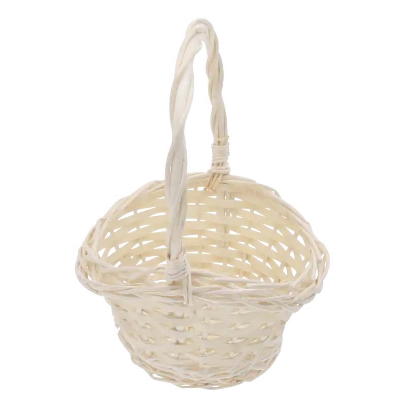 Okrągły naturalny kosz wiklinowy o średnicy 20 cm w rozmiarze S. Klasyczny koszyk na święconkę z wysoką rączką, idealny do wiosennych kompozycji, prezentów oraz przechowywania drobiazgów w domu.