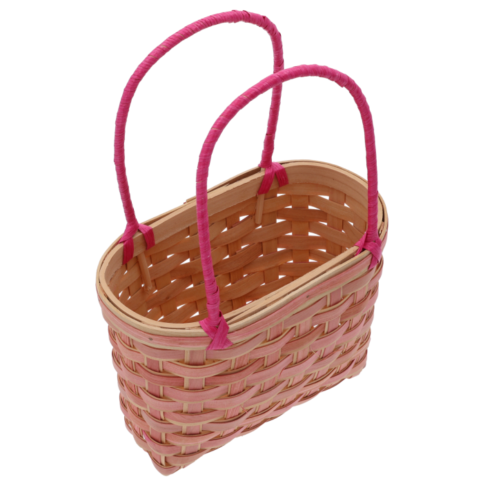 Widok z góry na wnętrze naturalnej torby dekoracyjnej 36 cm. Pleciona konstrukcja oraz dwa uchwyty w kolorze różowym.