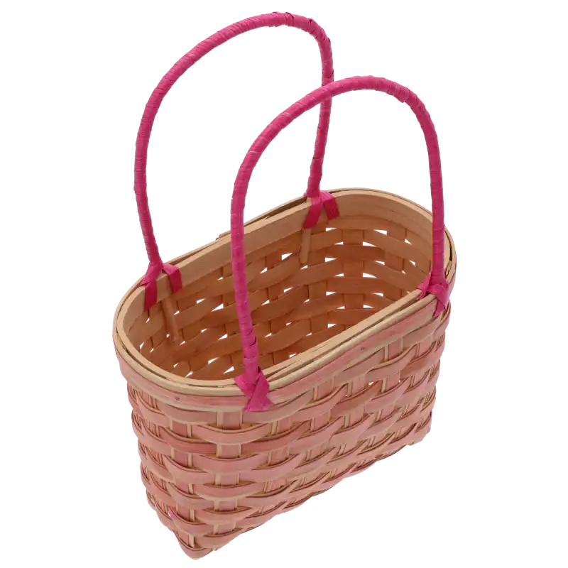 Widok z góry na wnętrze naturalnej torby dekoracyjnej 36 cm. Pleciona konstrukcja oraz dwa uchwyty w kolorze różowym.