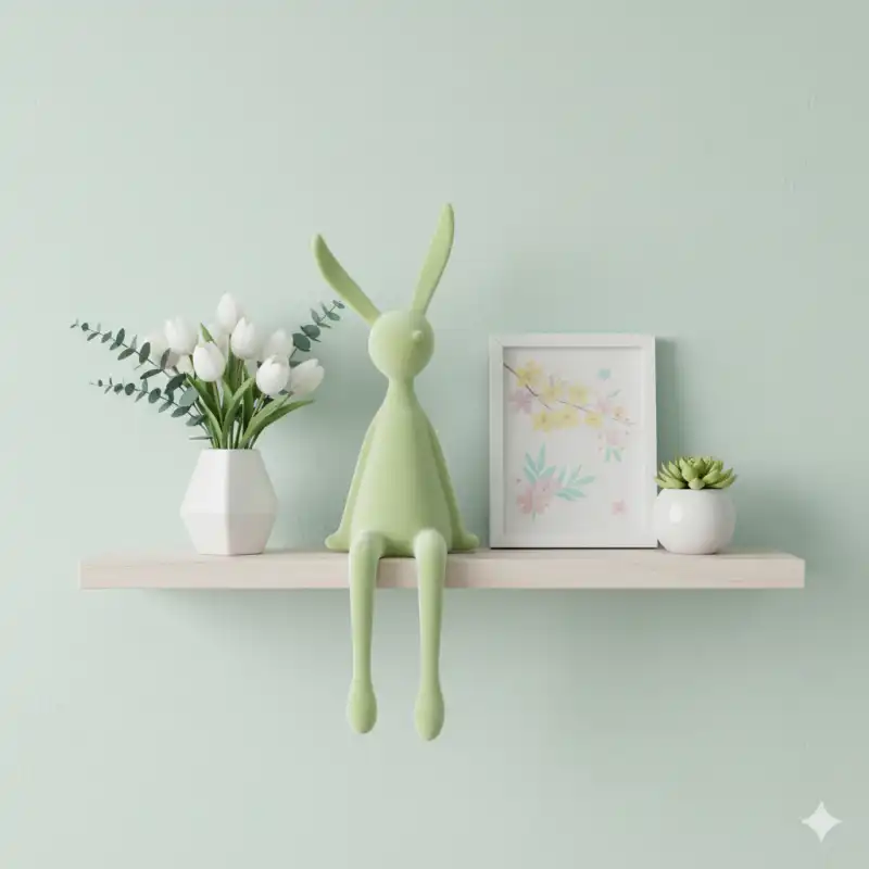 Zajączek welurowy 57 cm zaaranżowany na półce obok kwiatów i ramki. Nowoczesna dekoracja w wiosennym stylu.