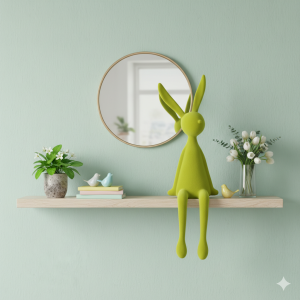 Zielony zając welurowy 57 cm w aranżacji wnętrza. Figurka siedzi na drewnianej półce obok wazonu z tulipanami i okrągłego lustra na ścianie.