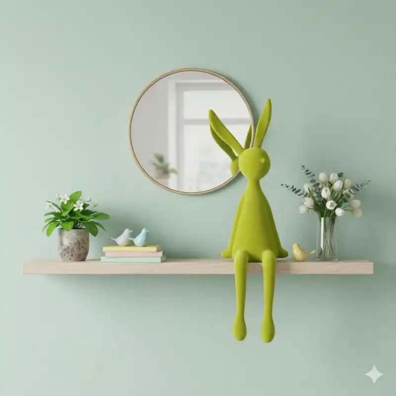 Zielony zając welurowy 57 cm w aranżacji wnętrza. Figurka siedzi na drewnianej półce obok wazonu z tulipanami i okrągłego lustra na ścianie.