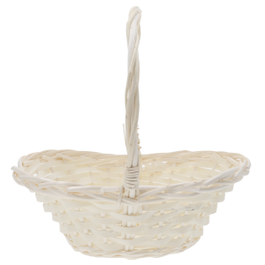 Naturalny kosz wiklinowy 28x21x27 cm o kształcie łódki z wysoką rączką, idealny jako uniwersalny koszyk na święconkę lub do dekoracji.
