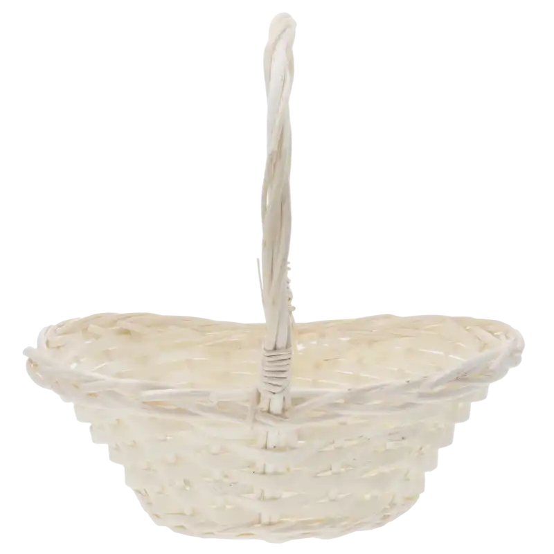 Naturalny kosz wiklinowy 28x21x27 cm o kształcie łódki z wysoką rączką, idealny jako uniwersalny koszyk na święconkę lub do dekoracji.