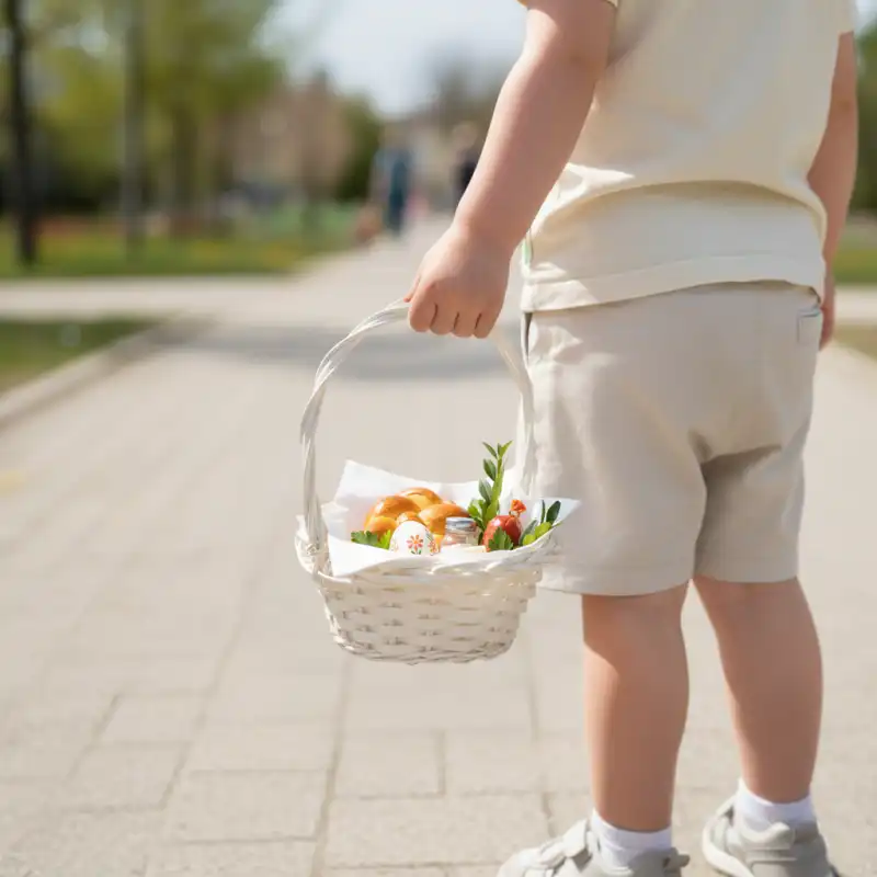 Dziecko trzymające koszyk wiklinowy na święconkę w naturalnym odcieniu, podczas spaceru w słoneczny dzień.
