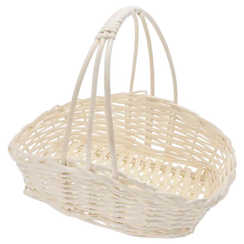 Naturalny kosz wiklinowy 28x22x32 cm o kształcie łódki z ozdobną rączką, doskonały jako koszyki na święconkę i baza do wielkanocnych dekoracji.