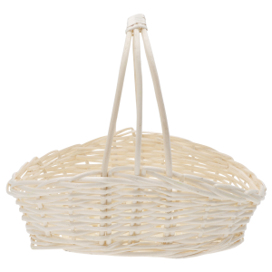 Widok z boku na naturalny kosz wiklinowy 28x22x32 cm o kształcie łódki, ukazujący staranny splot oraz stabilną, ozdobną rączkę.