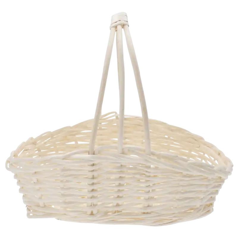 Widok z boku na naturalny kosz wiklinowy 28x22x32 cm o kształcie łódki, ukazujący staranny splot oraz stabilną, ozdobną rączkę.