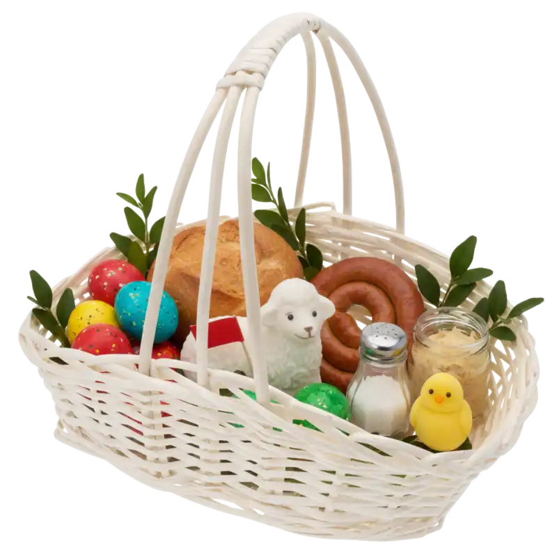 Naturalny kosz wiklinowy 28x22x32 cm wypełniony wielkanocnymi atrybutami, jajkami, barankiem i bukszpanem jako gotowa aranżacja na święconkę.