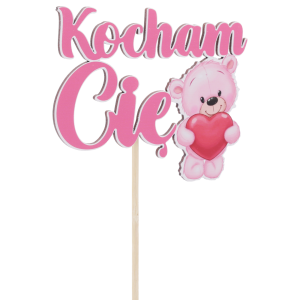 Detal toppera z misiem Kocham Cię, ukazujący krawędzie wycięcia oraz nasycenie kolorystyczne grafiki.