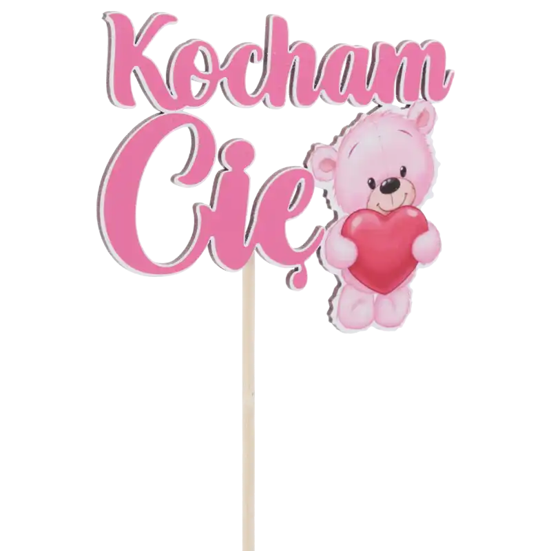 Detal toppera z misiem Kocham Cię, ukazujący krawędzie wycięcia oraz nasycenie kolorystyczne grafiki.