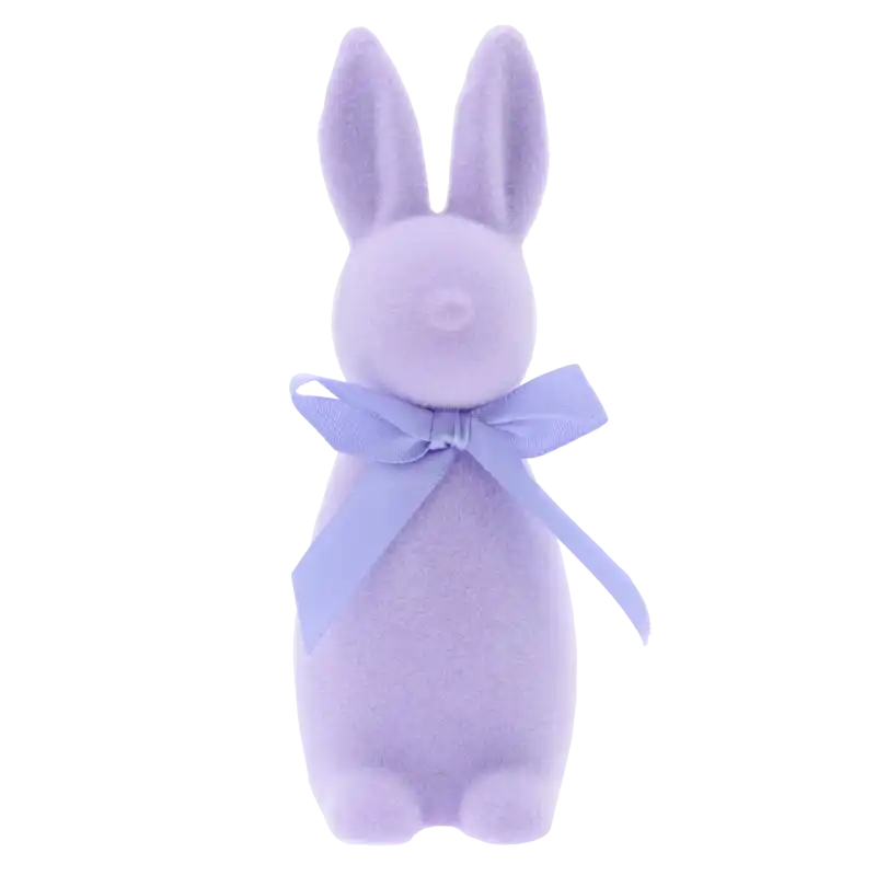 Fioletowy welurowy zając 15 cm z satynową kokardą. Ta minimalistyczna ozdoba wielkanocna jest idealna do domowych i florystycznych aranżacji wiosennych.
