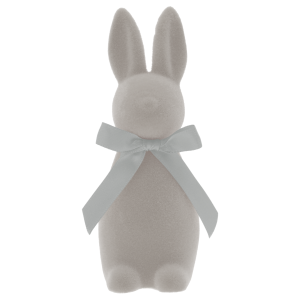 Szary welurowy zając 15 cm w minimalistycznej formie z elegancką satynową kokardą. Idealna ozdoba wielkanocna do domu.