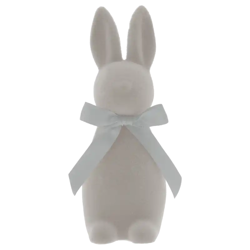 Szary welurowy zając 15 cm w minimalistycznej formie z elegancką satynową kokardą. Idealna ozdoba wielkanocna do domu.