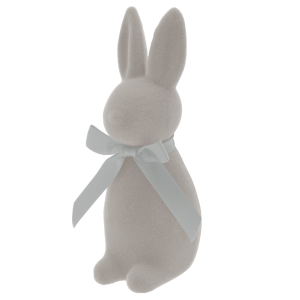 Zając welurowy 15 cm ustawiony w ujęciu trzy czwarte. Elegancki dodatek do wiosennych stroików i kompozycji.