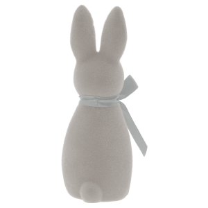 Widok z tyłu na szarego welurowego zająca 15 cm. Ukazuje staranne wykończenie oraz sposób mocowania kokardy.
