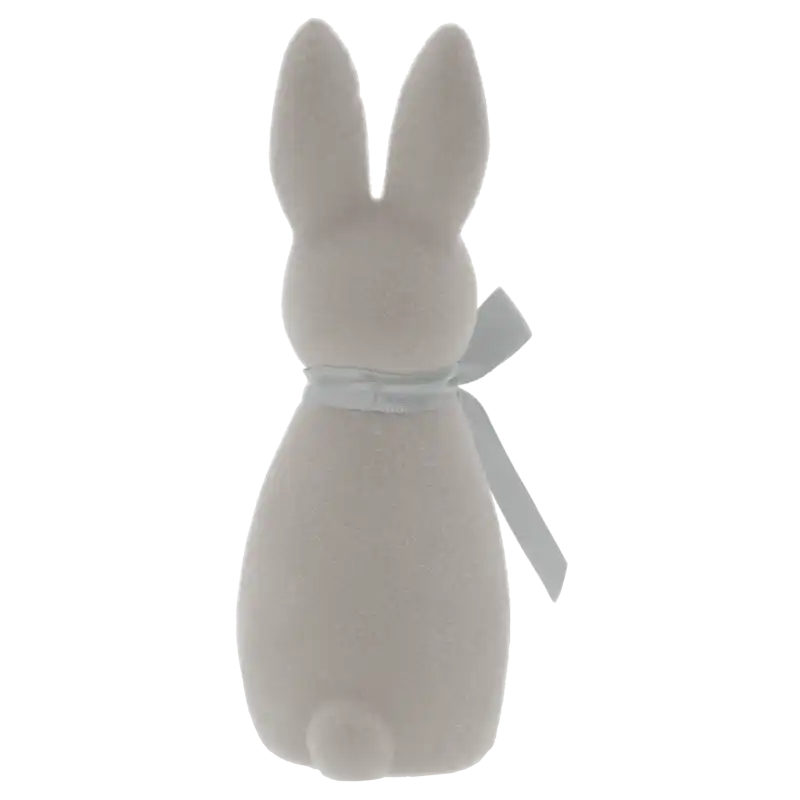 Widok z tyłu na szarego welurowego zająca 15 cm. Ukazuje staranne wykończenie oraz sposób mocowania kokardy.