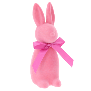 Zbliżenie na welurową strukturę różowego zająca o wysokości 15 cm, podkreślające miękkie wykończenie i elegancką kokardę.