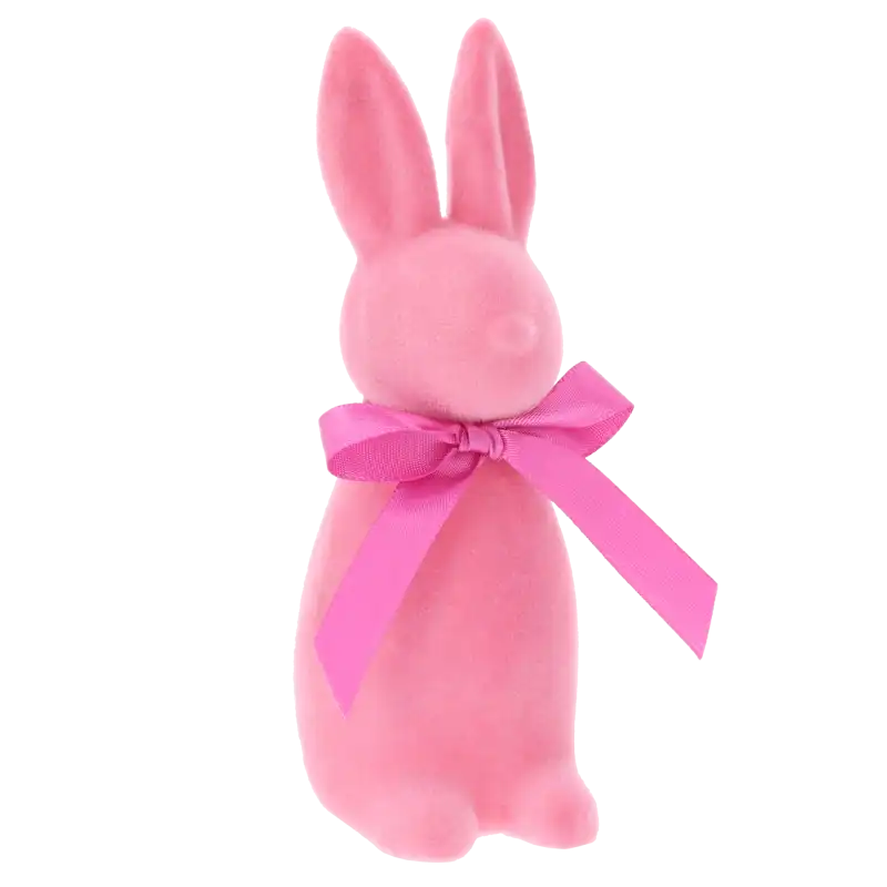 Zbliżenie na welurową strukturę różowego zająca o wysokości 15 cm, podkreślające miękkie wykończenie i elegancką kokardę.