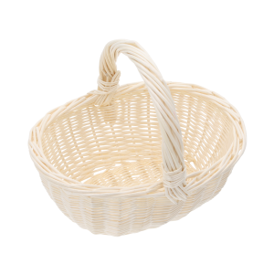Owalny naturalny kosz wiklinowy 21x19x25 cm z wygodną rączką, prezentowany na białym tle jako baza do dekoracji.