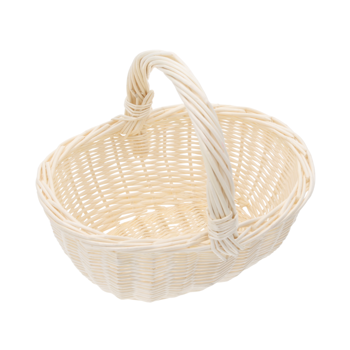 Owalny naturalny kosz wiklinowy 21x19x25 cm z wygodną rączką, prezentowany na białym tle jako baza do dekoracji.