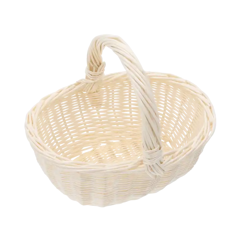 Owalny naturalny kosz wiklinowy 21x19x25 cm z wygodną rączką, prezentowany na białym tle jako baza do dekoracji.