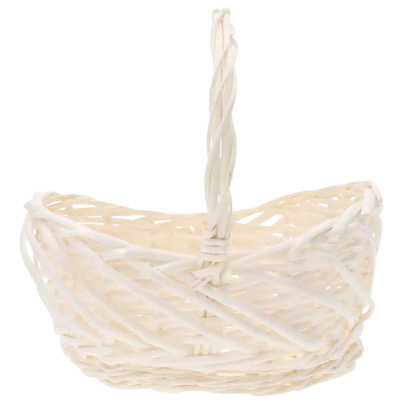 Pusty owalny kosz wiklinowy 27x20x28 cm w naturalnym kolorze z wysoką rączką. Klasyczna baza na święconkę lub stroiki.
