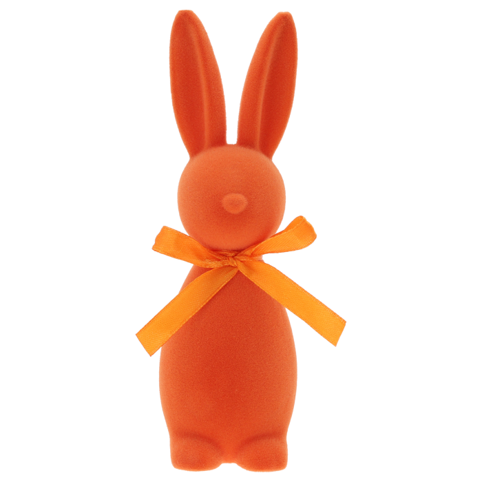 Pomarańczowy welurowy zając 18 cm to elegancka figurka wielkanocna z satynową kokardą, wykonana z przyjemnego w dotyku materiału, idealna do wiosennych aranżacji.
