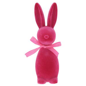 Różowy welurowy zając 18 cm to nowoczesna dekoracja wielkanocna z satynową kokardą, idealna do wiosennych aranżacji i kompozycji florystycznych.