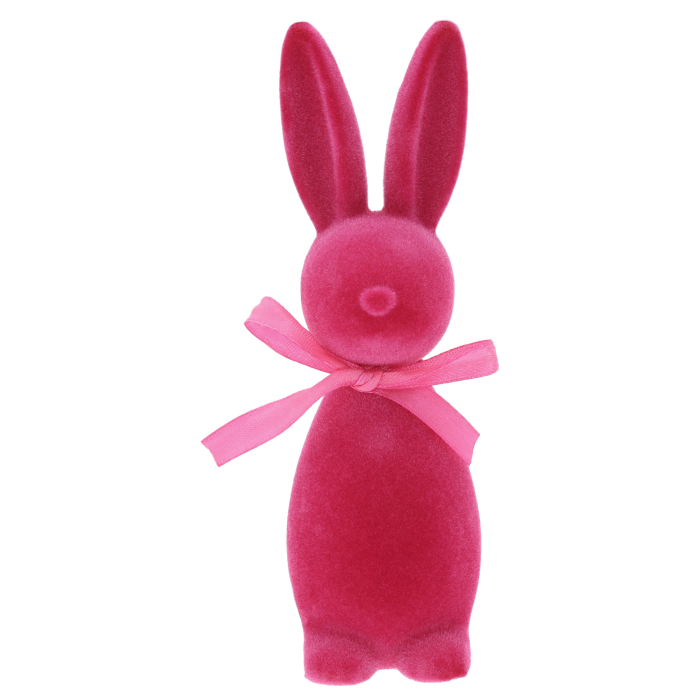 Różowy welurowy zając 18 cm idealny do aranżacji wielkanocnych, stroików i kompozycji florystycznych. Świetny dla florystów, dekoratorów, kwiaciarni i sklepów z dekoracjami. Możliwość zakupów hurtowych dla firm i branży eventowej.
