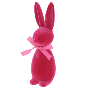 Stylowa figurka wielkanocnego zająca o wysokości 18 cm w pastelowym odcieniu różu, wykończona miękkim welurem.