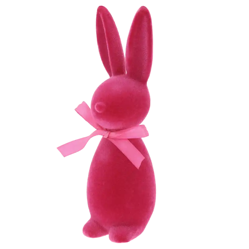 Stylowa figurka wielkanocnego zająca o wysokości 18 cm w pastelowym odcieniu różu, wykończona miękkim welurem.