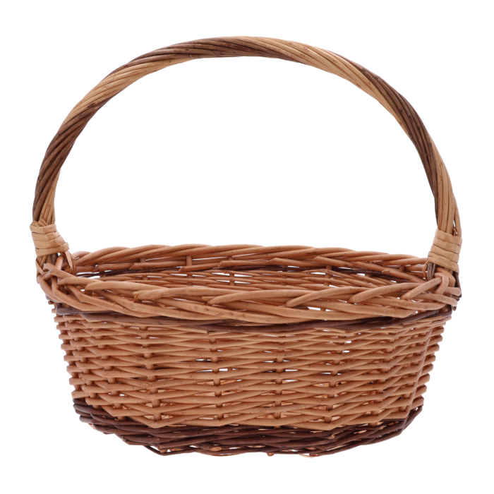 Pusty, brązowy owalny kosz wiklinowy 33x25 cm. Klasyczny koszyk na święconkę z rączką, idealny do aranżacji w rozmiarze M.