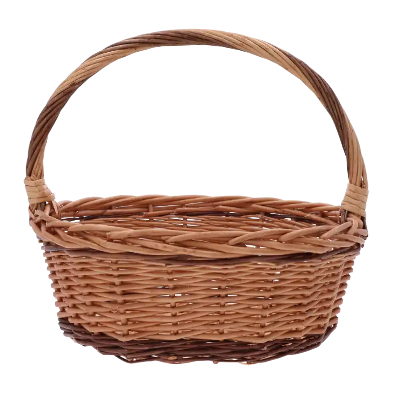 Pusty, brązowy owalny kosz wiklinowy 33x25 cm. Klasyczny koszyk na święconkę z rączką, idealny do aranżacji w rozmiarze M.