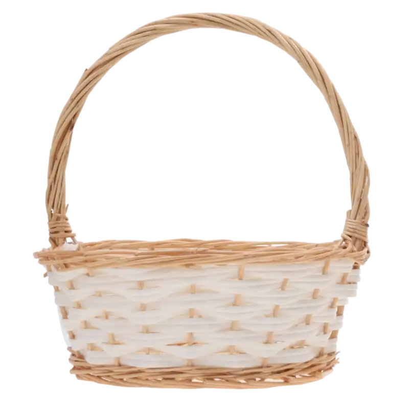 Naturalny kosz wiklinowy 26x27 cm o owalnym kształcie z wygodną rączką, idealny jako uniwersalne koszyki na święconkę lub baza do dekoracji.