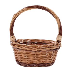Okrągły brązowy koszyk wiklinowy o średnicy 22 cm z rączką. Naturalny kosz, który sprawdzi się jako baza na święconkę lub dekoracje florystyczne.