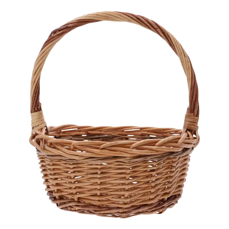 Okrągły brązowy koszyk wiklinowy o średnicy 27 cm z rączką, prezentowany na białym tle jako baza do dekoracji.
