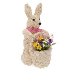 Zając z koszykiem 35 cm z roślinami. Dekoracyjna figurka z siana z różową kokardą idealna na wiosnę.
