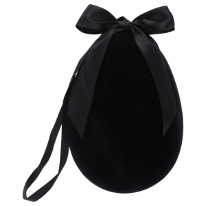 Czarne welurowe jajo 25x17 cm z ozdobną kokardą i wstążką. Stylowa zawieszka wielkanocna o minimalistycznym designie.
