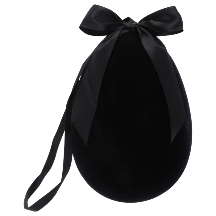 Czarne welurowe jajo 25x17 cm z ozdobną kokardą i wstążką. Stylowa zawieszka wielkanocna o minimalistycznym designie.