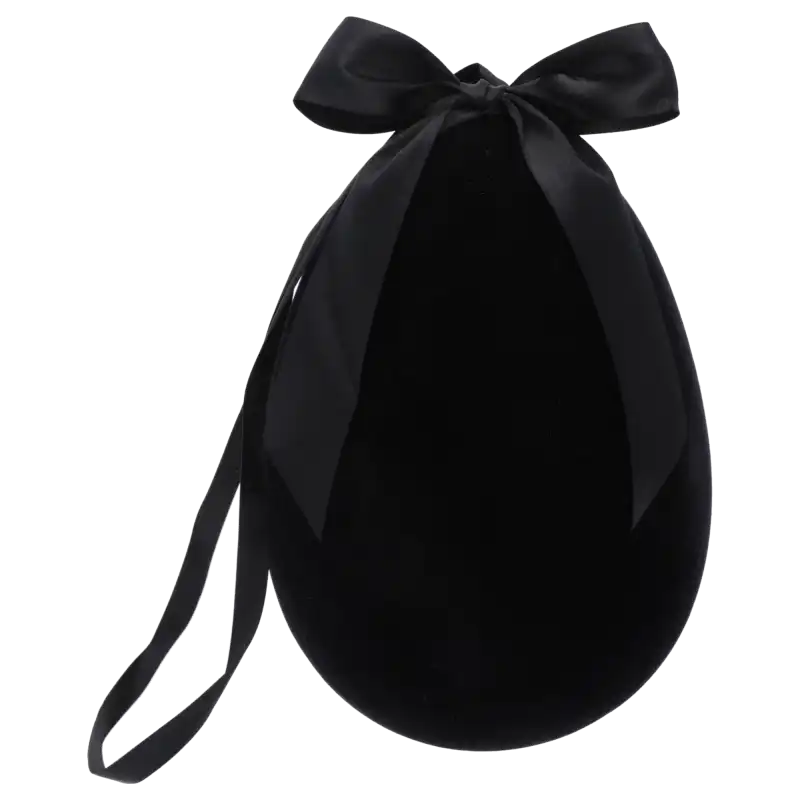 Czarne welurowe jajo 25x17 cm z ozdobną kokardą i wstążką. Stylowa zawieszka wielkanocna o minimalistycznym designie.