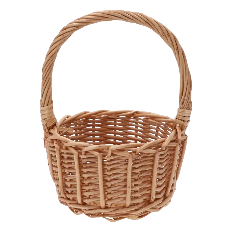 Okrągły kosz wiklinowy o średnicy 18 cm w naturalnym kolorze. Lekka i praktyczna dekoracja, idealna jako koszyki na święconkę dla dzieci lub na drobne akcesoria w domu.
