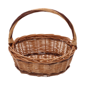 Brązowy owalny kosz wiklinowy o wymiarach 27x22 cm i wysokości 25 cm z rączką. Naturalna plecionka idealna jako baza na koszyki na święconkę.
