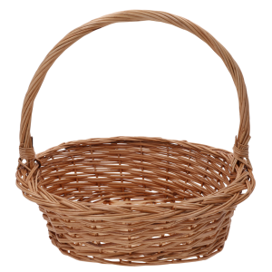 Owalny brązowy kosz wiklinowy o wymiarach 35x27 cm z rączką, prezentowany na czystym, białym tle jako baza do dekoracji.